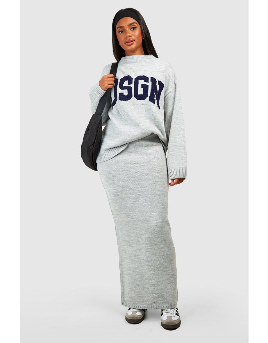 Dsgn Crew Neck Knitted Jumper And Maxi Skirt Set - grey