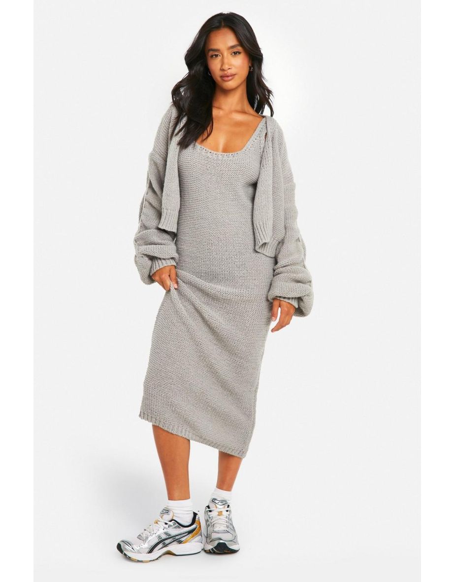 Petite Chunky Knit Dress And Cardigan Co Ord - grey
