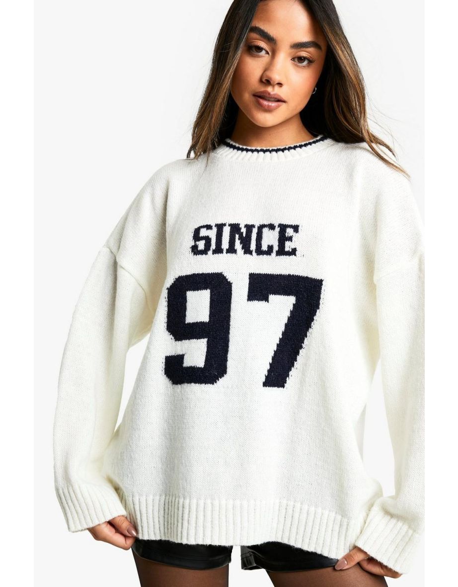 Since 97 Knitted Varsity Crew Neck Jumper - ecru - 3
