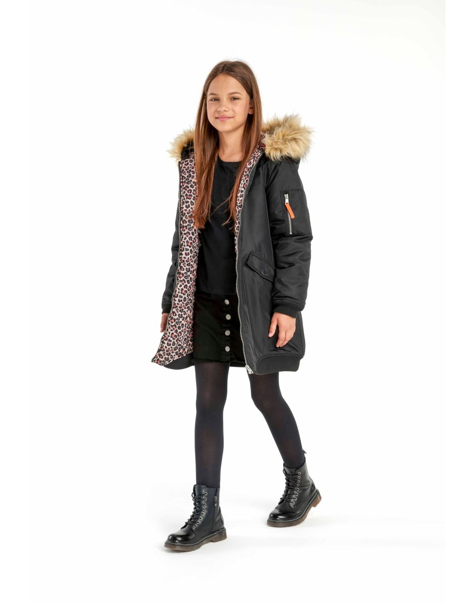 Girls Longline Parka Jacket With Fur Trim Hood