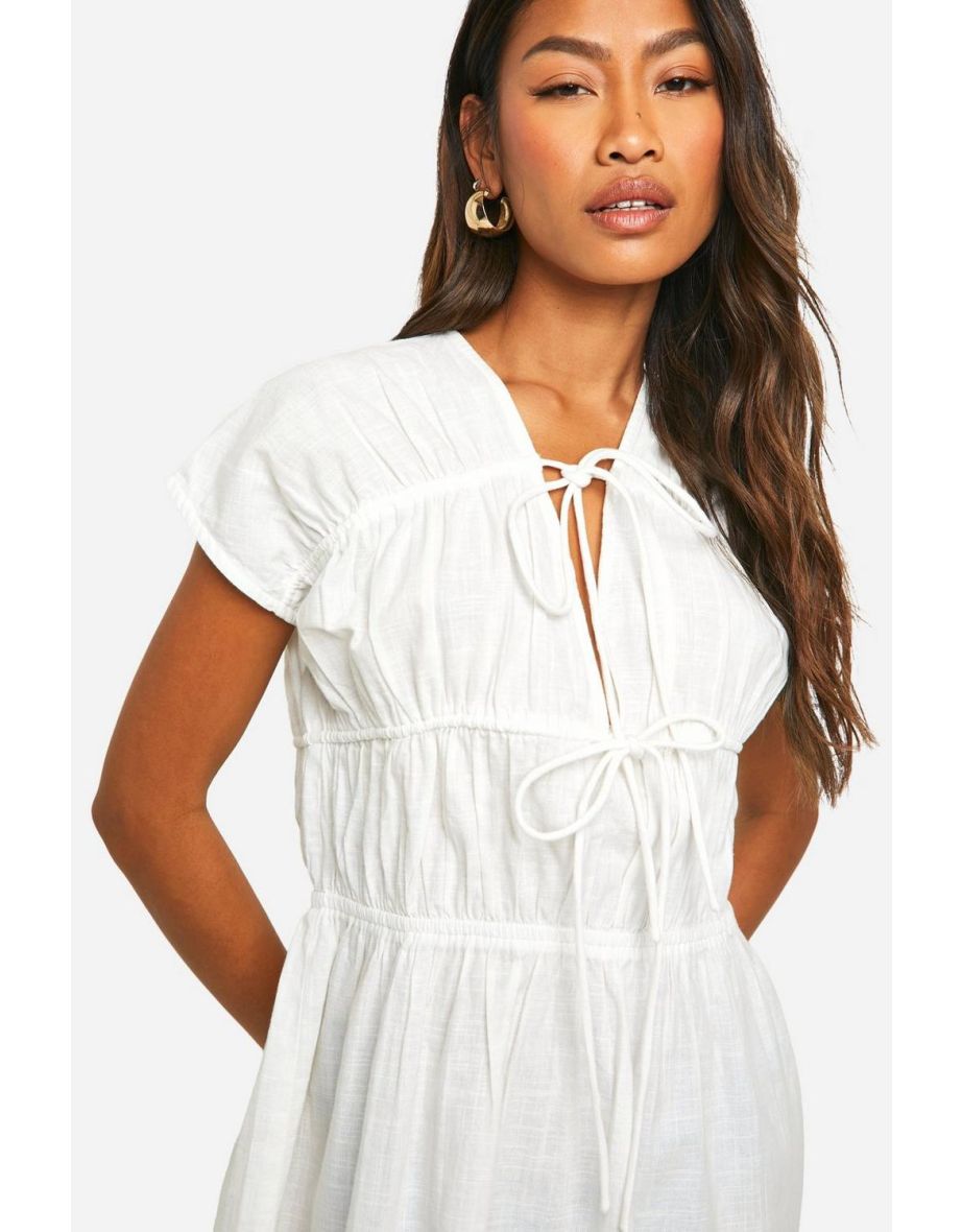 Cotton Blend Ruched Plunge Mini Dress - white - 3