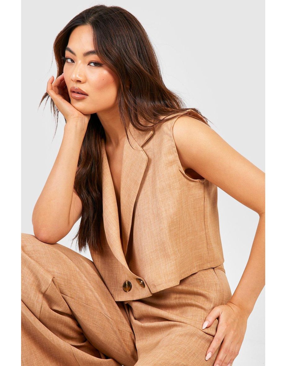 Textured Boxy Cropped Sleeveless Blazer - camel - 3