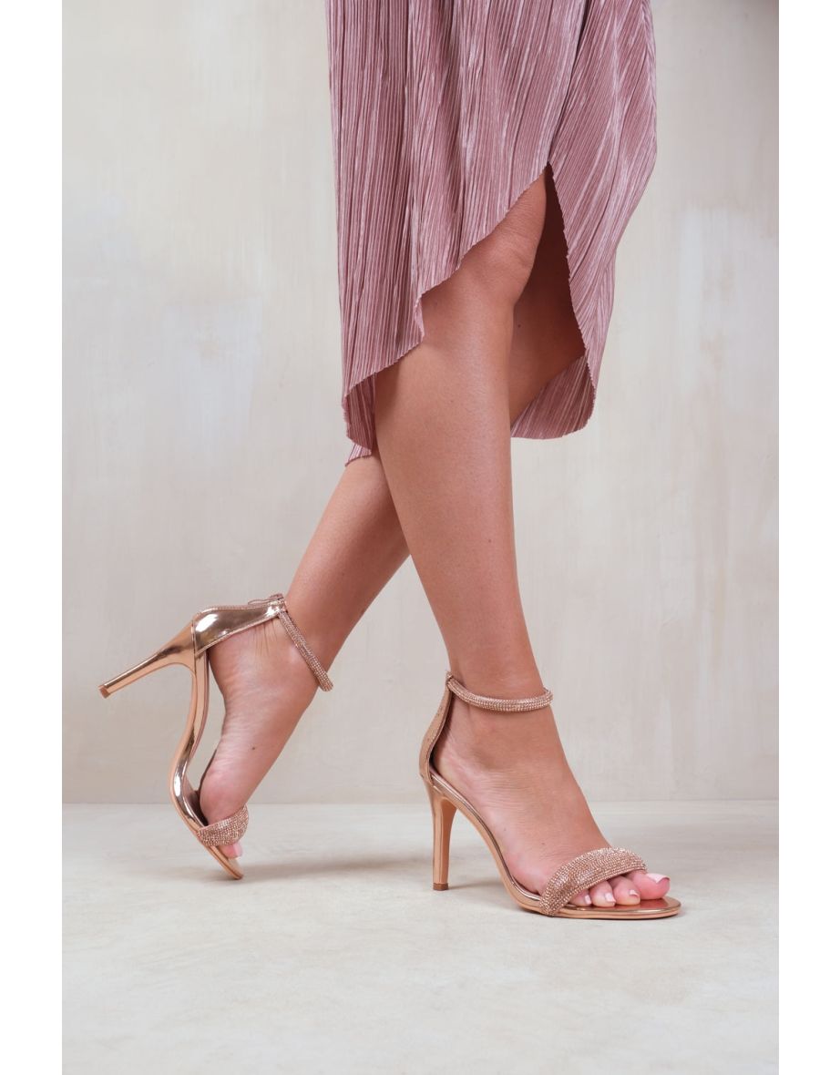 SABRA HIGH HEEL SANDALS WITH DIAMANTE ANKLE STRAP IN CHAMPAGNE GOLD FAUX LEATHER