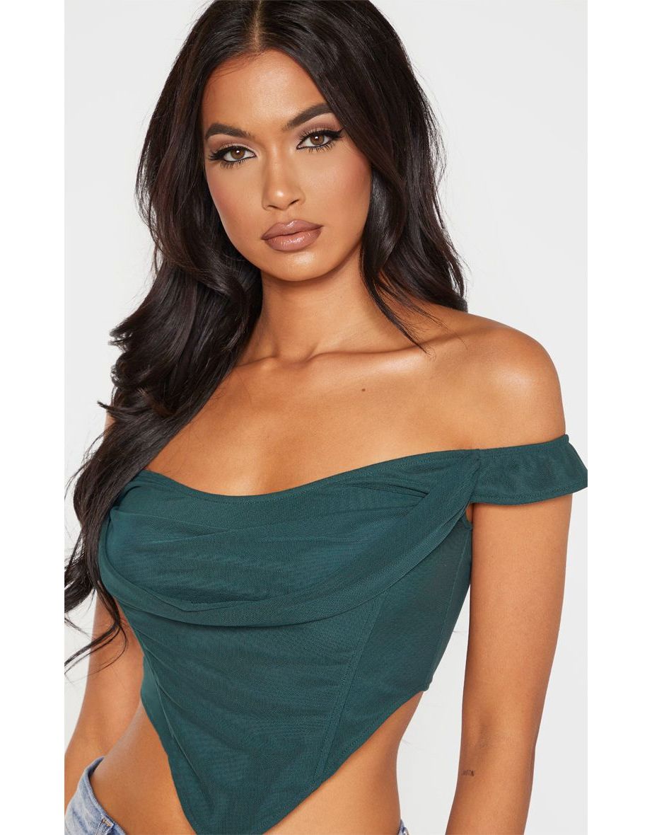 Dark Green Corset Mesh Bardot Top - 4