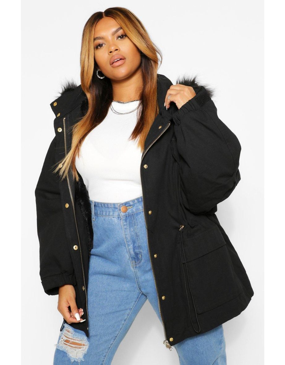 Boohoo black coat cheap with fur hood