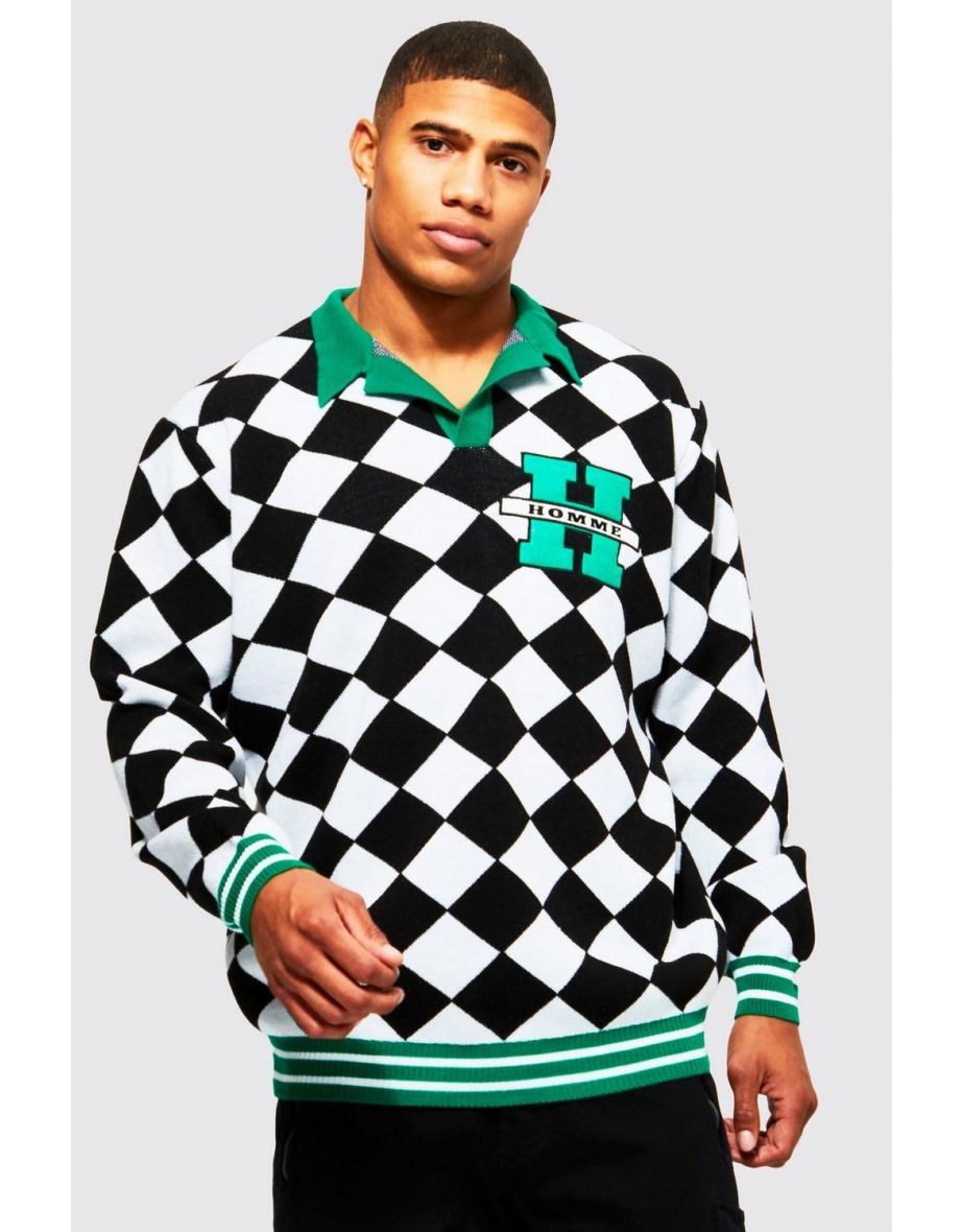 Checkerboard H Knitted Polo - black