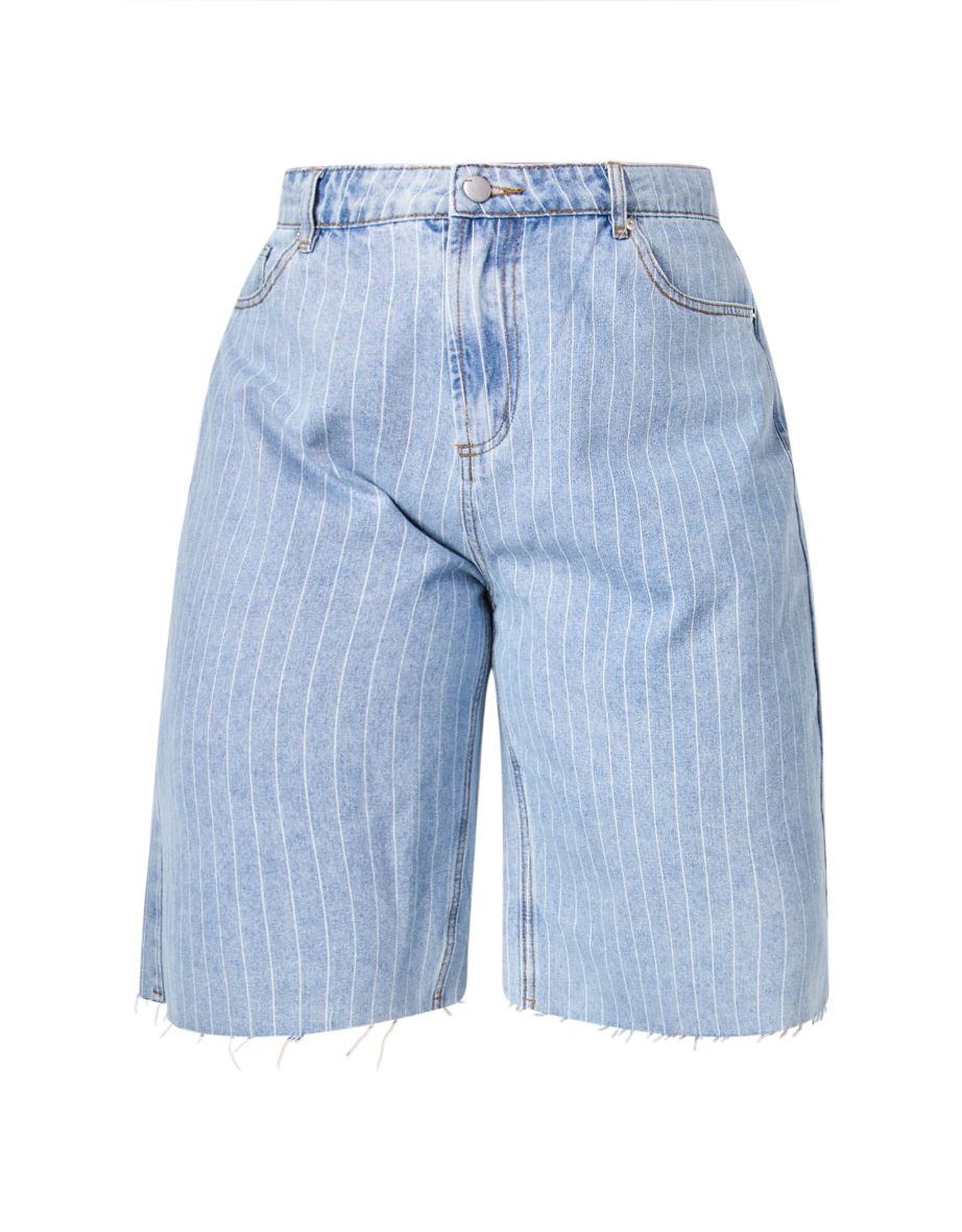 Plus Light Blue Pinstripe Long Line Denim Shorts - 5