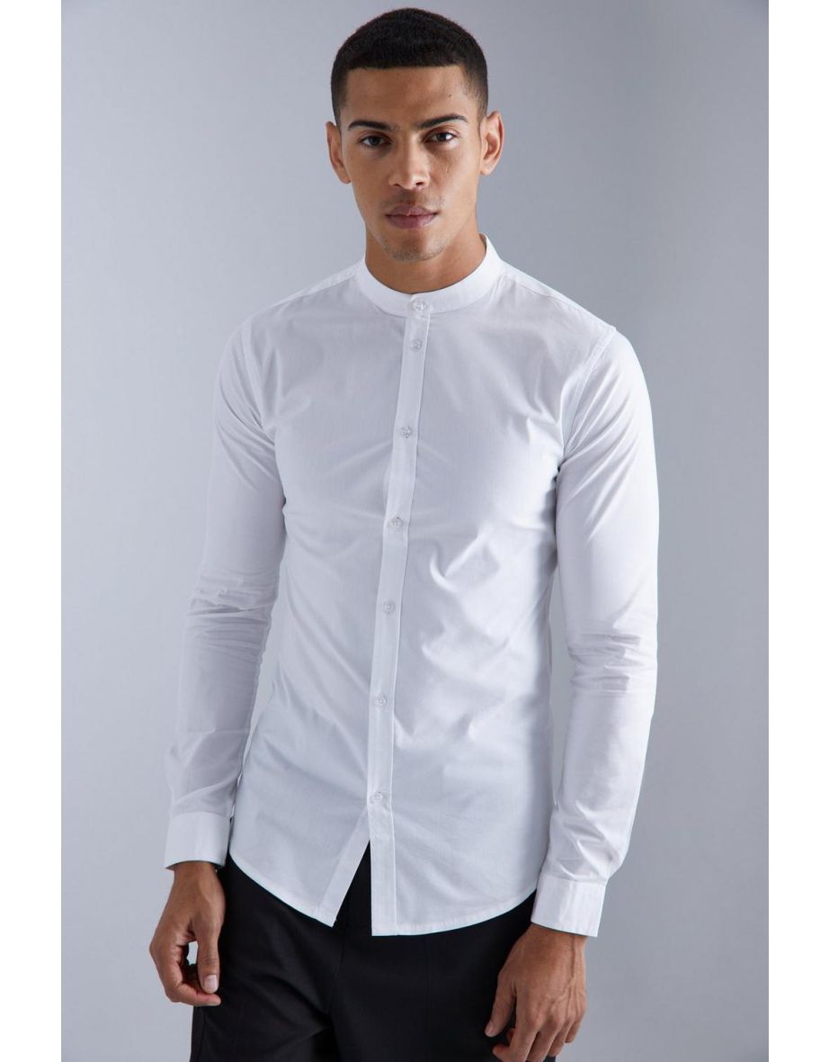 Long Sleeve Grandad Collar Shirt - white