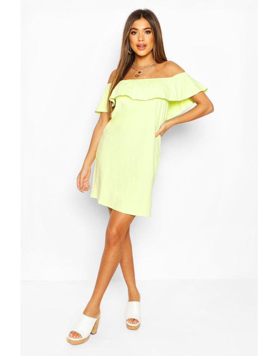 Off The Shoulder Frill Swing Dress - lime