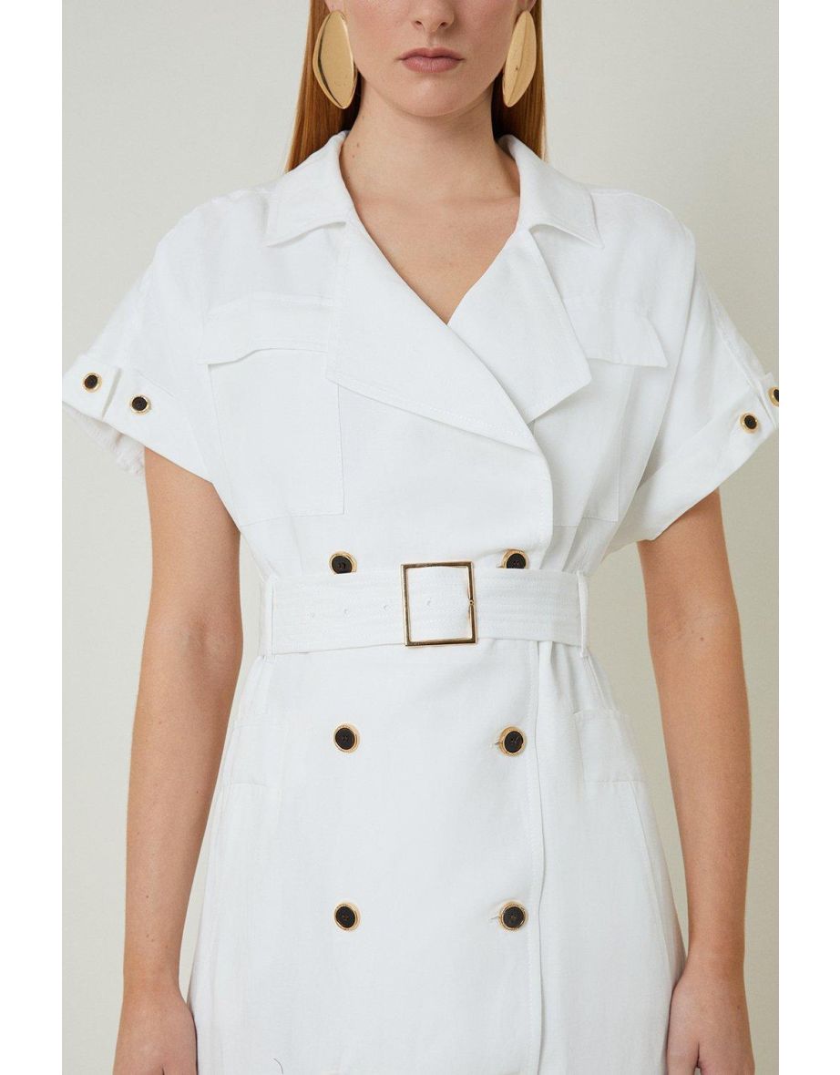 Petite Linen ViscoseFluid Tailored Double Breasted Belt Midi Shirt Dress - 2