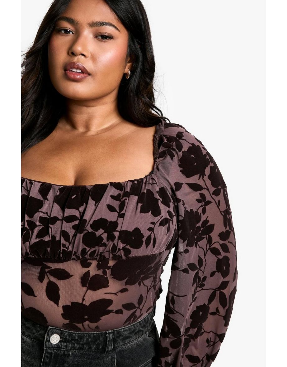 Plus Devore Ruched Bust Bodysuit - chocolate - 3