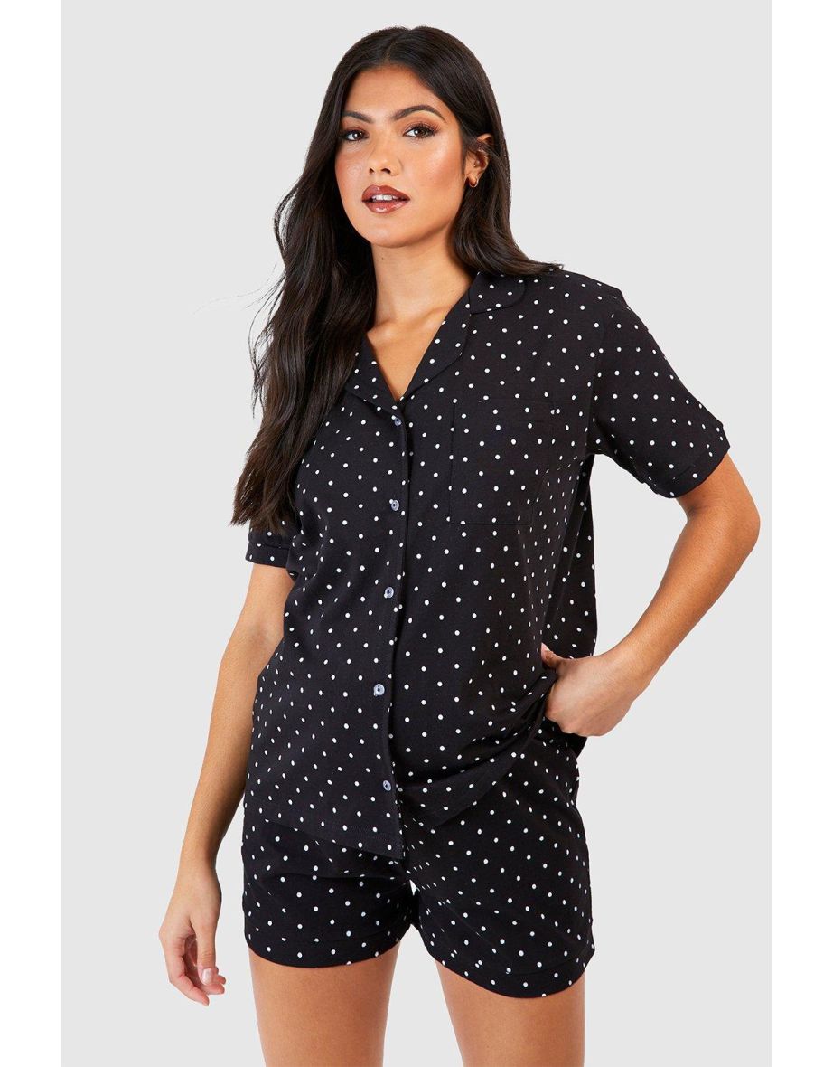 Maternity Button Through Polka Dot Pyjama Short Set - black