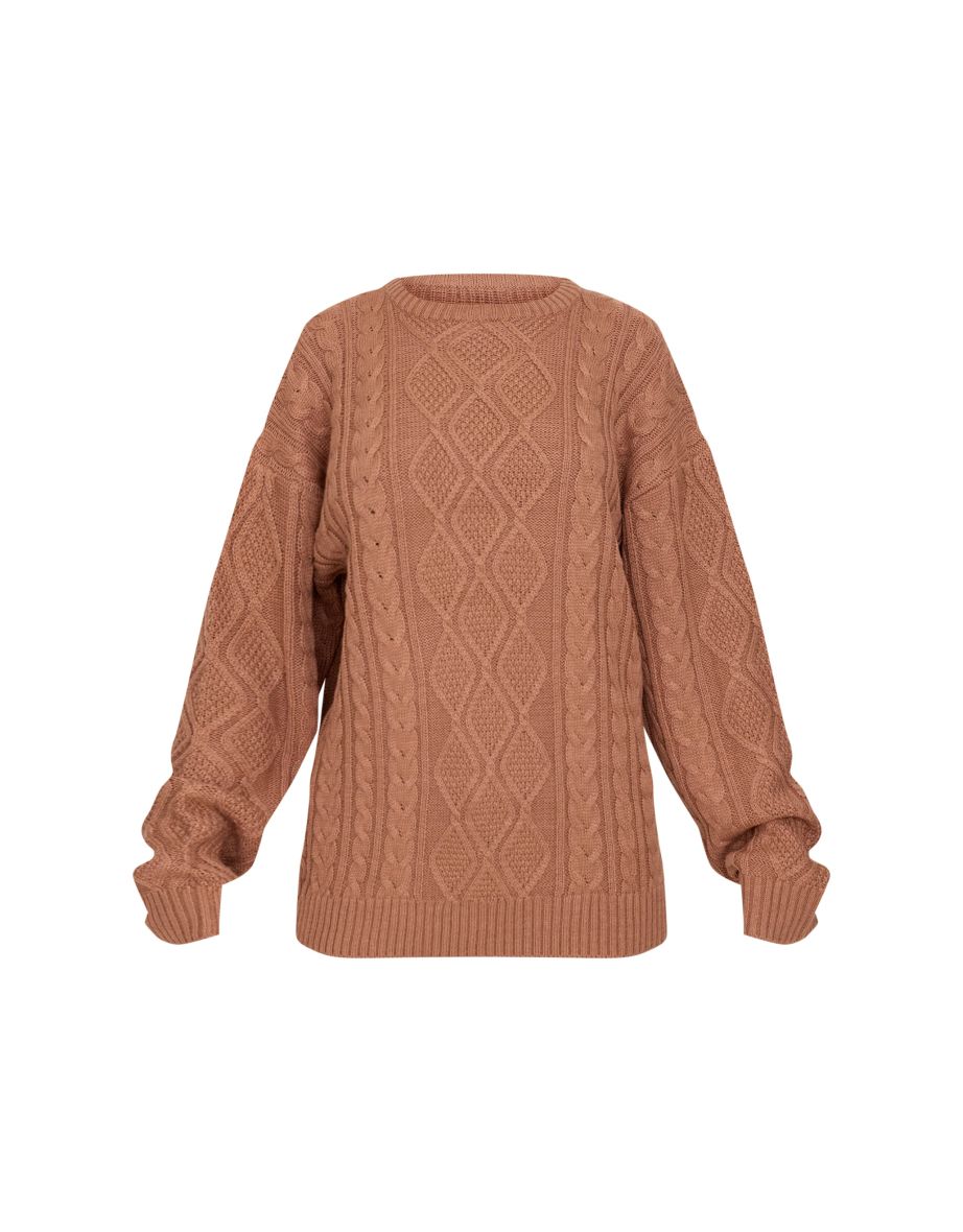 Taupe Textured Cable Knit Oversized Jumper - 4