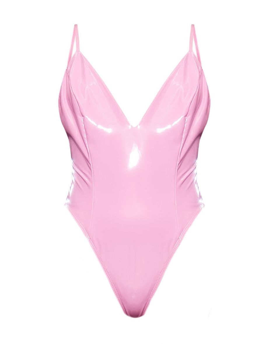 Pink Vinyl Bodysuit And Bunny Ears Fancy Dress Costume - 3