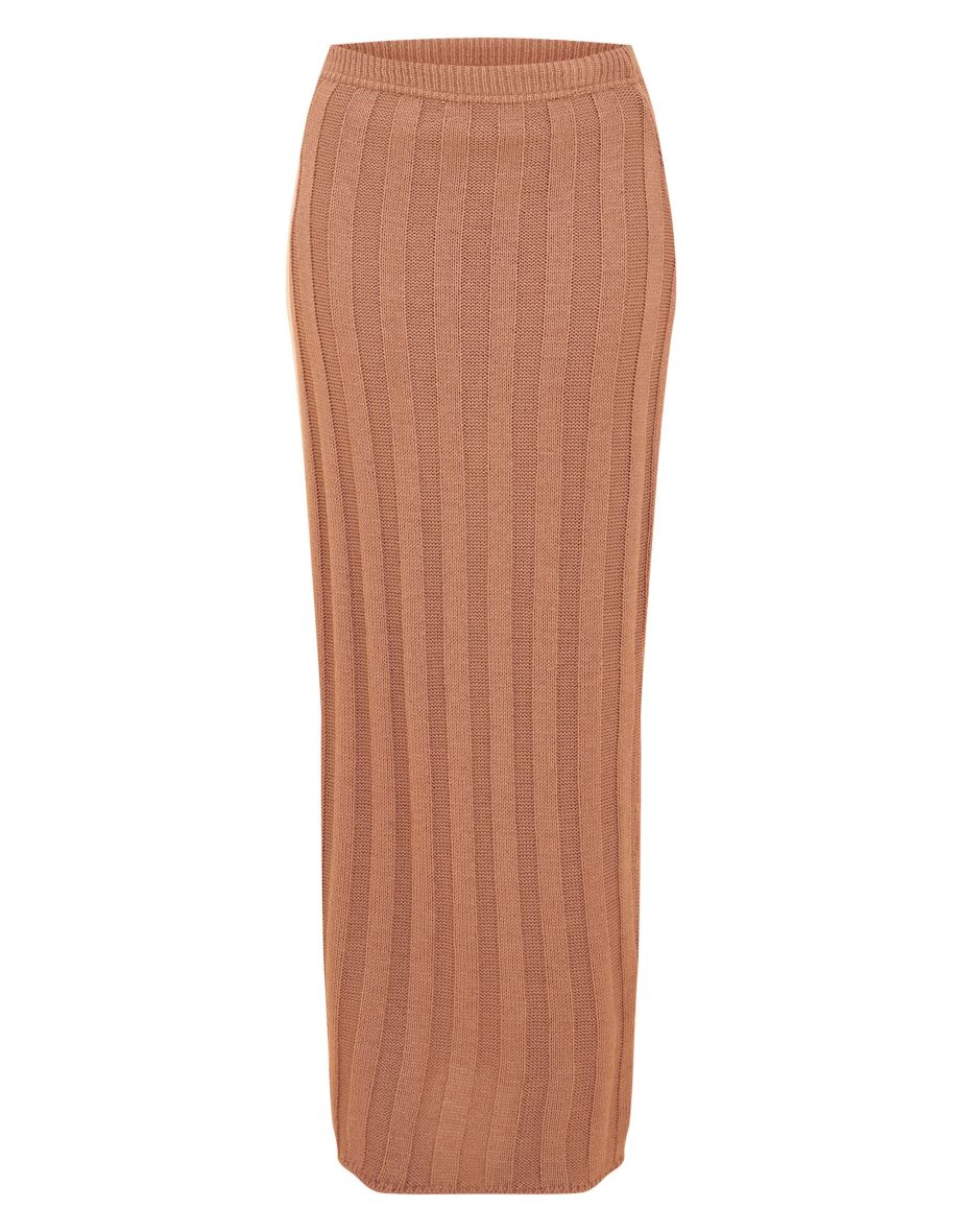 Mocha Wide Rib Textured Knit Maxi Skirt - 4