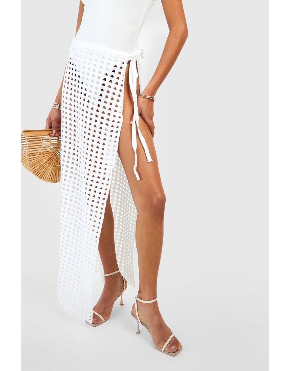Thigh Split Crochet Maxi Skirt - white - 3