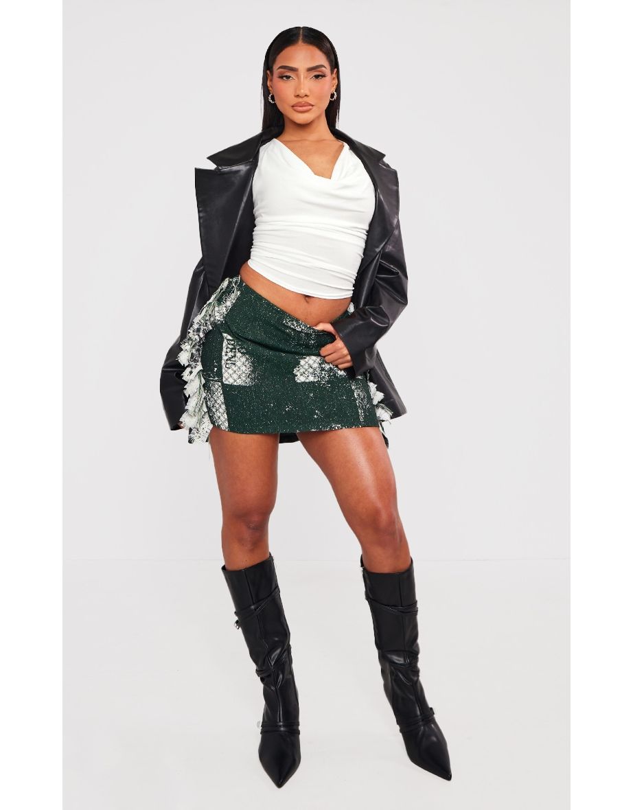 Green Printed Jacquard Tassel Edge Mini Skirt