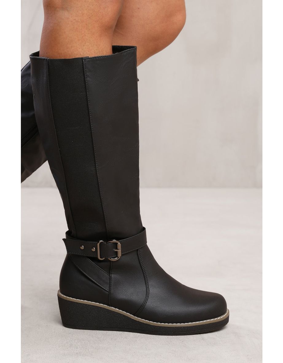 VANDA WEDGE HEEL KNEE HIGH BOOTS WITH ELASTIC PANEL IN BLACK