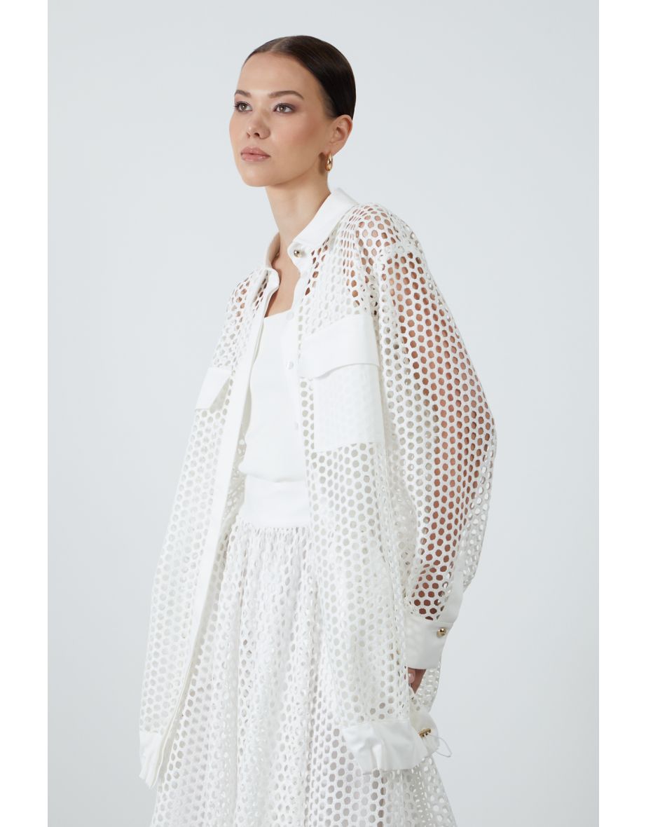 Ecru Shirt With Pocket Details And Long Mesh