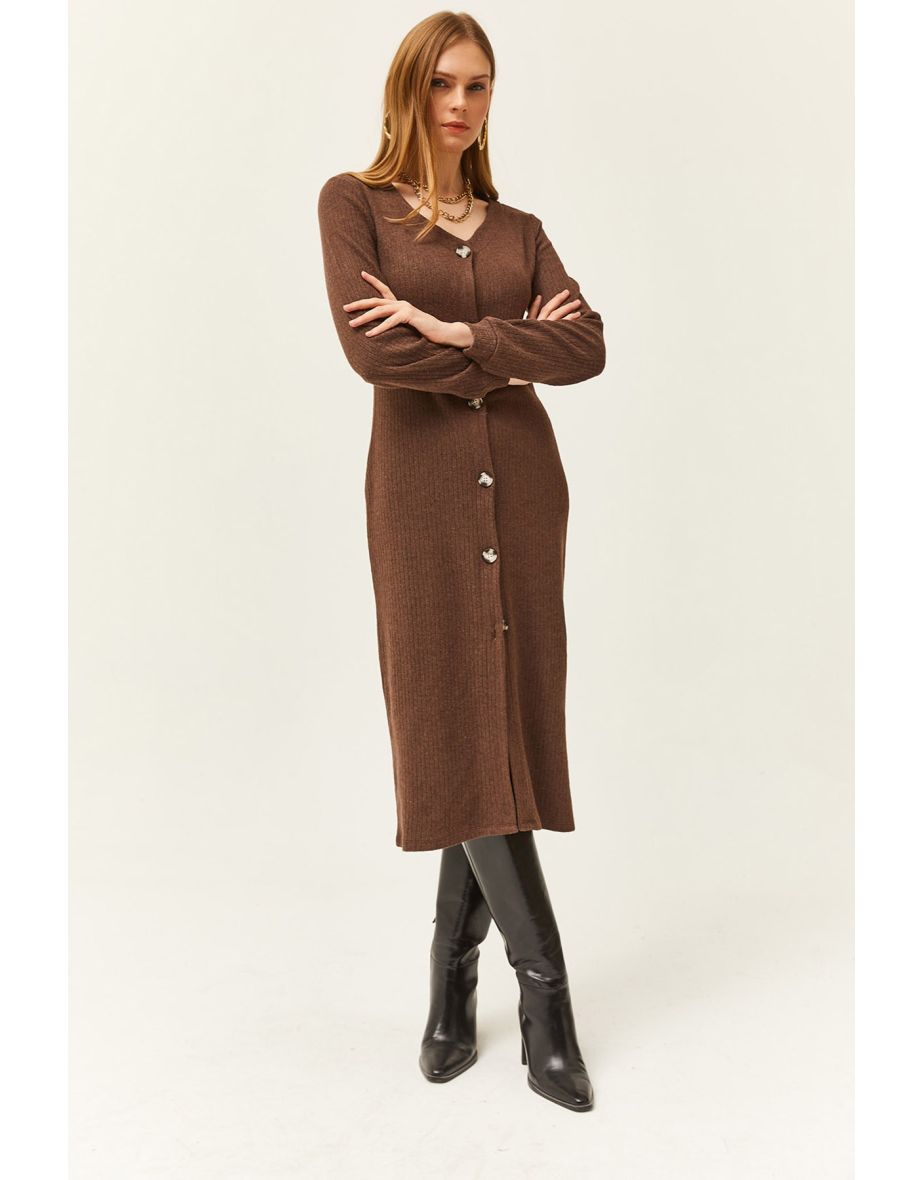 Women's Brown V-Neck Buttoned Thick Ribbed Midi Dress