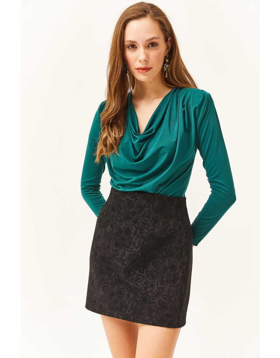 Women's Emerald Green Waistband Pleated Turndown Collar Blouse