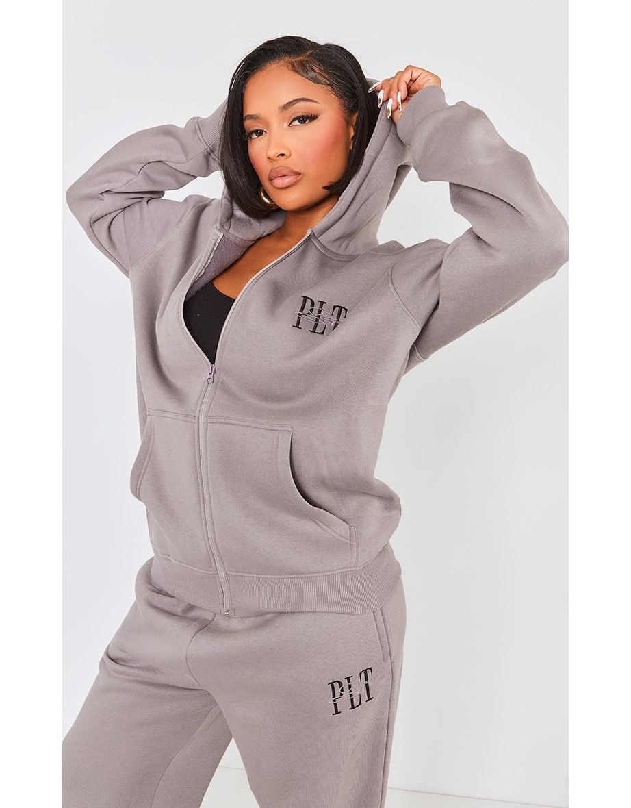 Shop PRETTYLITTLETHING Shape Charcoal Embroidered Zip Through Hoodie Online in Qatar VogaCloset