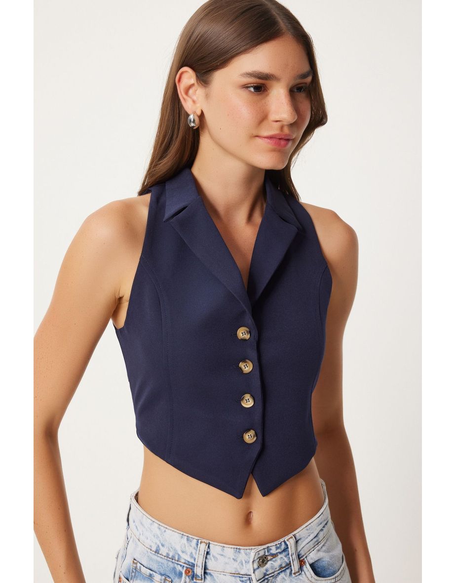 Women's Navy Blue Tie Detailed Body-Fitting Vest