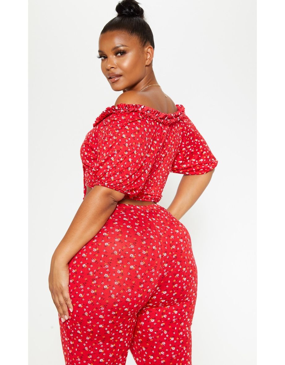 Plus Red Ditsy Floral Ruched Front Crop Top