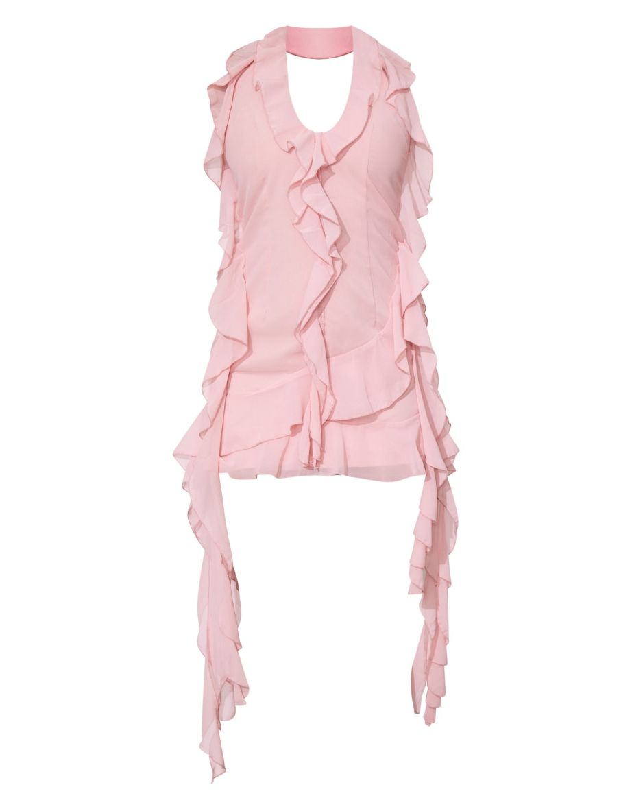 Petite Baby Pink Halter Neck Frilled Mini Dress - 4
