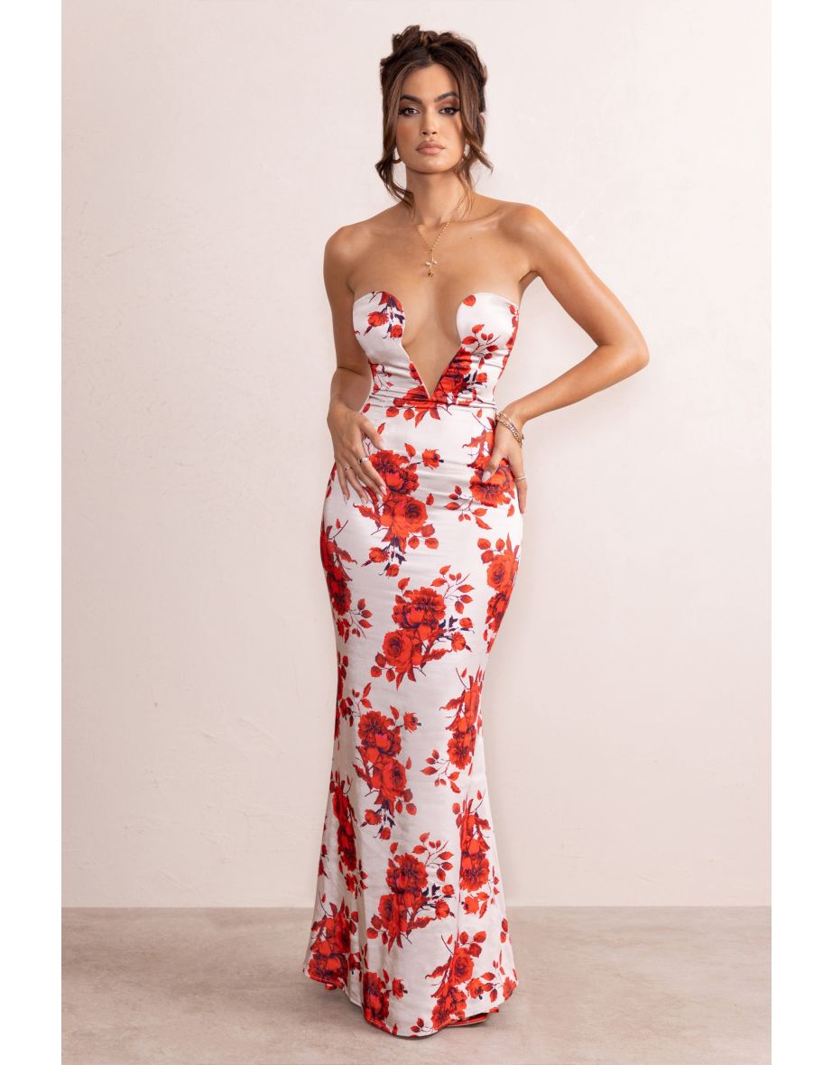 Shop Esme Champagne Floral Print Satin Shaped Front Cut Out Fishtail Maxi Dress Online in Bahrain VogaCloset