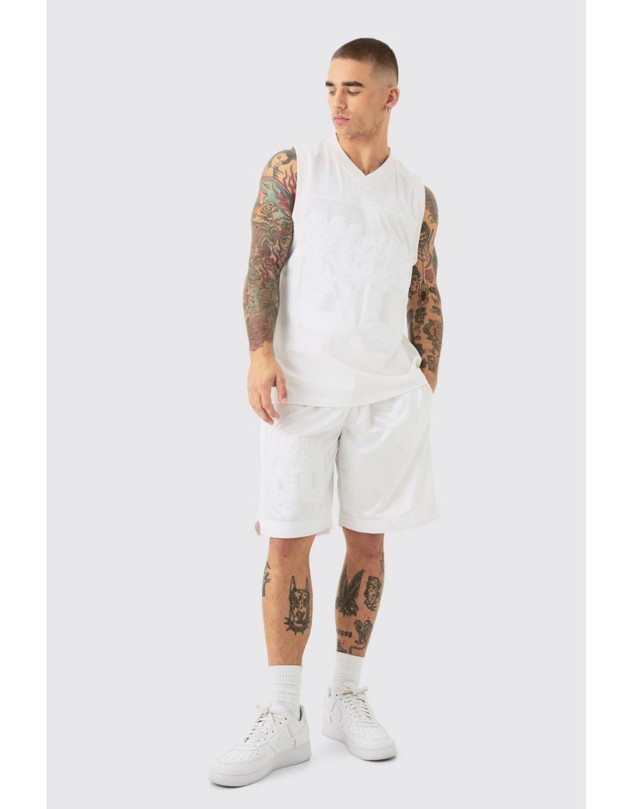 Mesh And Satin Basketball Applique Vest And Short Set - silver