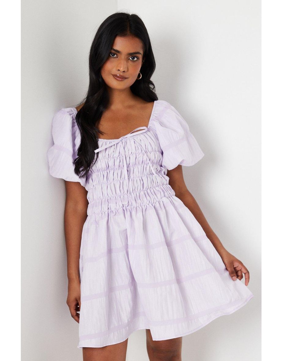 Striped Seersucker Bardot Puff Sleeve Shirred Mini Dress - 3
