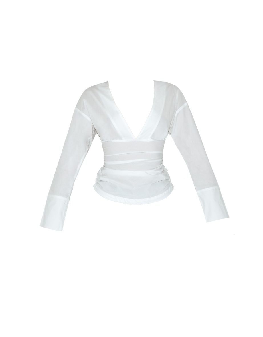Petite White Fitted Ruched Waist Shirt - 4