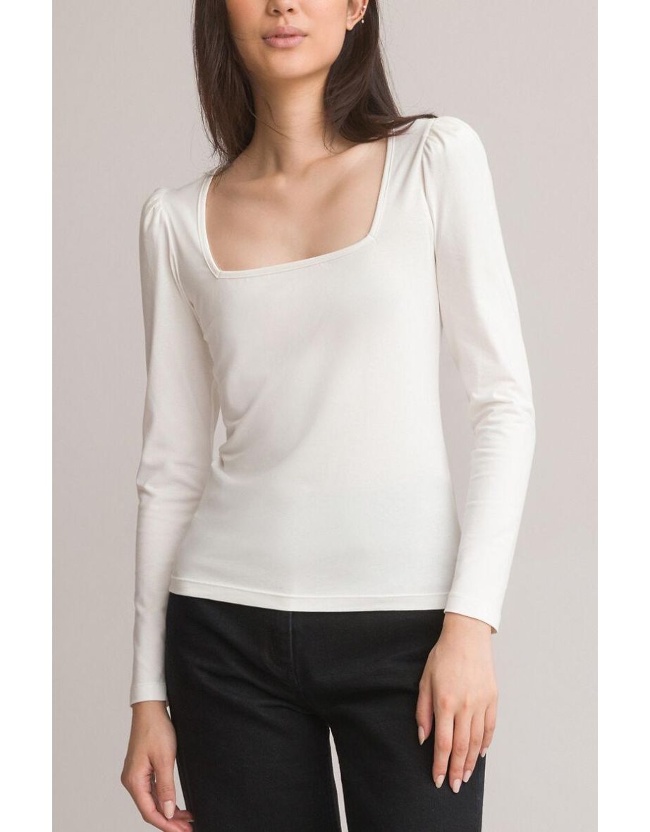 Cotton Square Neck T-Shirt with Long Sleeves
