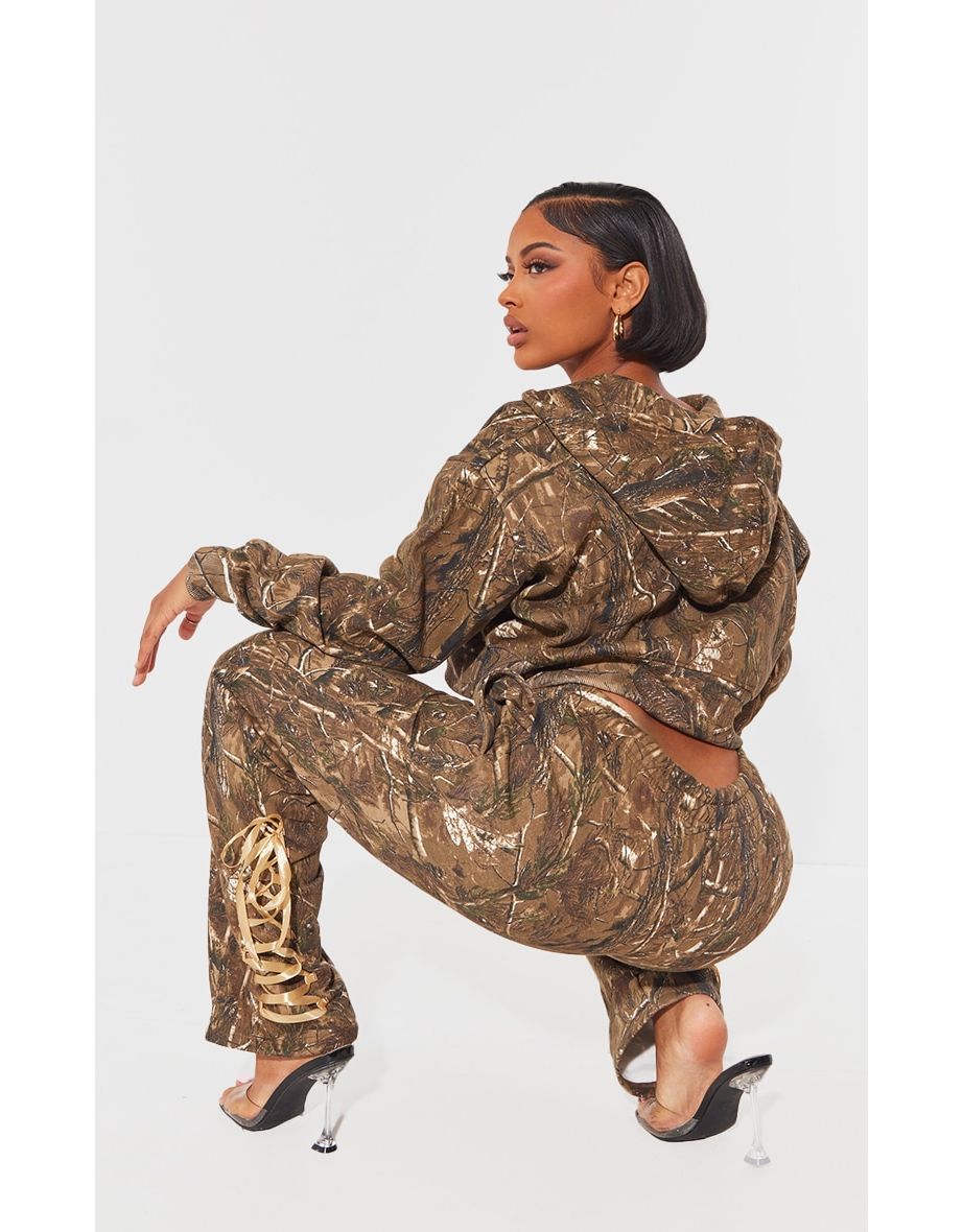 Shape Khaki Camo Printed Ribbon Lace Back Straight Leg Joggers - 4