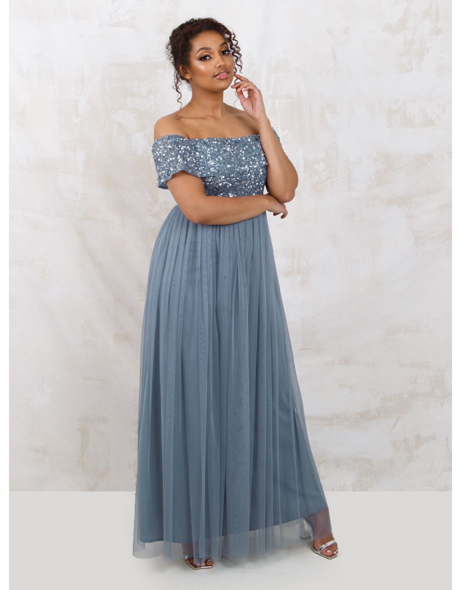 Shop Maya Dusty Blue Bardot Embellished Maxi Dress Online in Bahrain VogaCloset