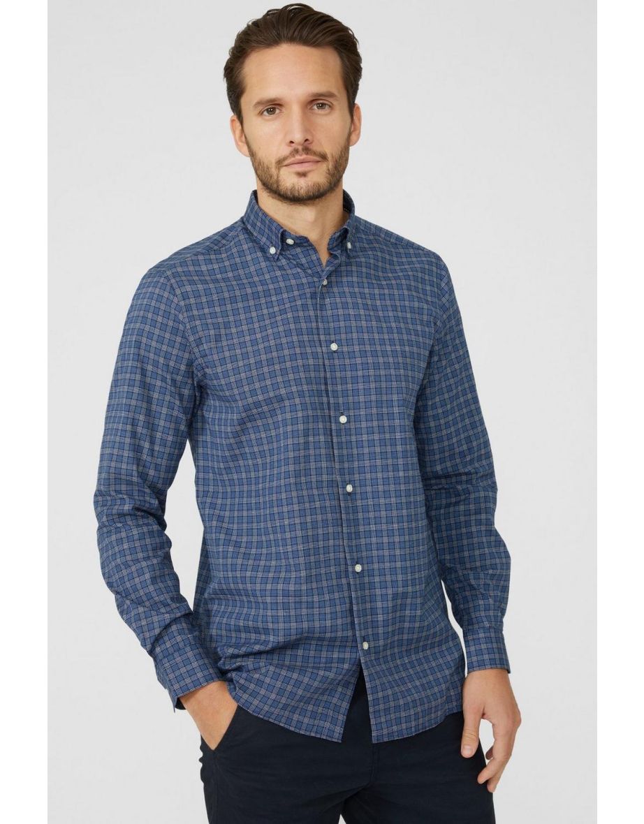 Textured Double Grid Check Shirt - blue