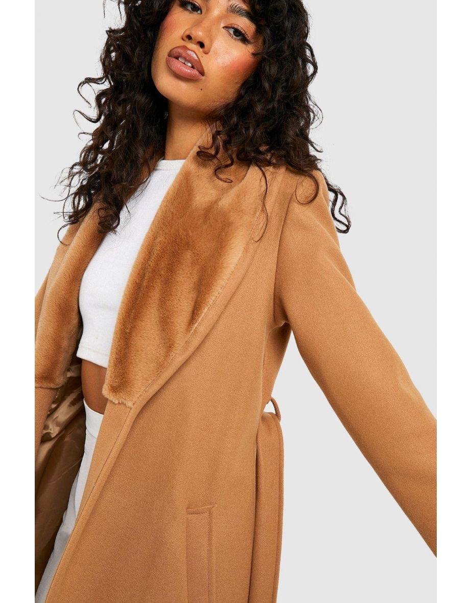 Faux Fur Collar And Cuff Coat - camel - 3