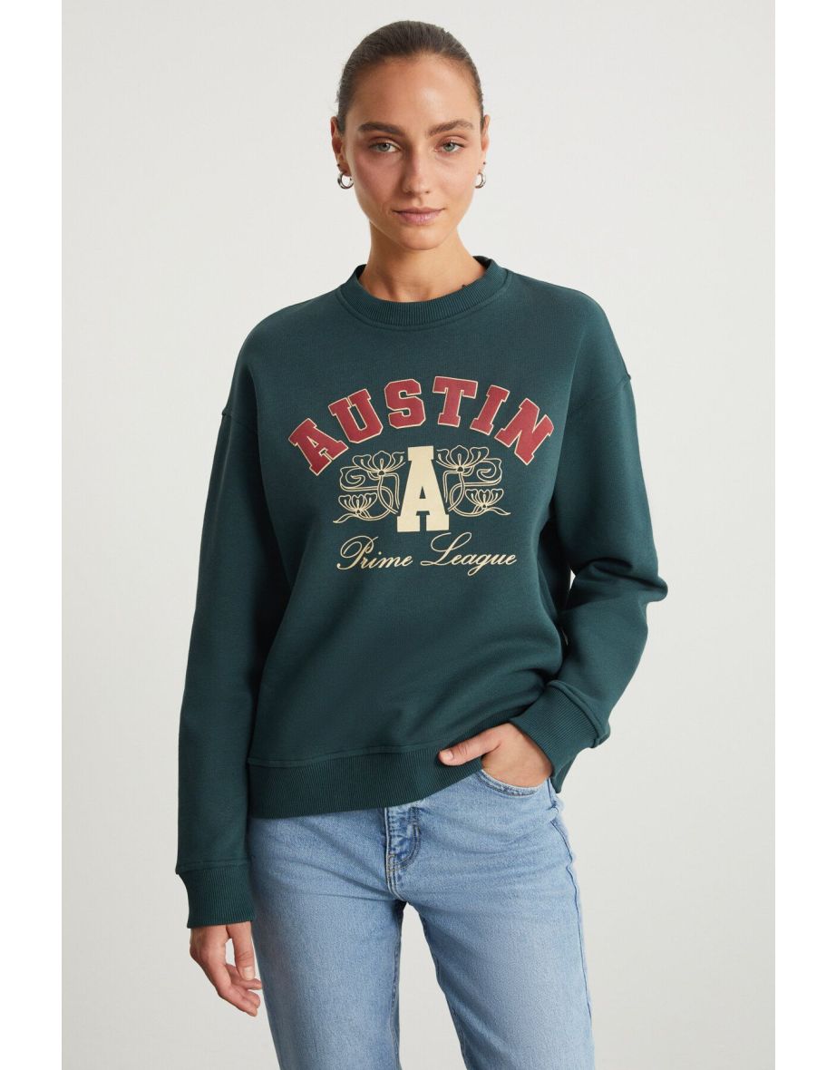 ANNY Women's Printed Detailed 100% Organic Cotton Round Neck Long Sleeve Dark Green Sweatshirt