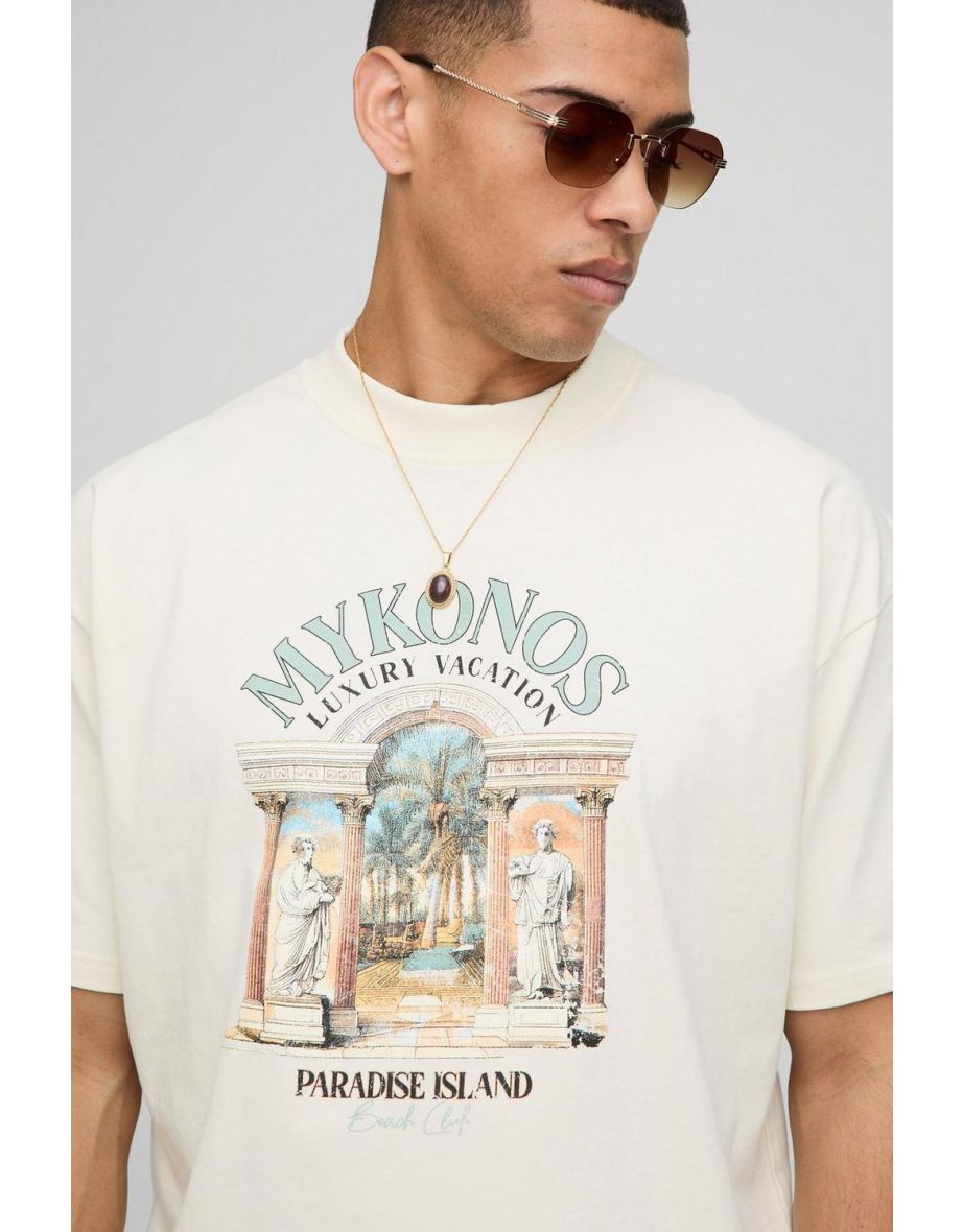 Ecru Oversized Extended Neck Mykonos Paradise Island Printed T-Shirt - 2