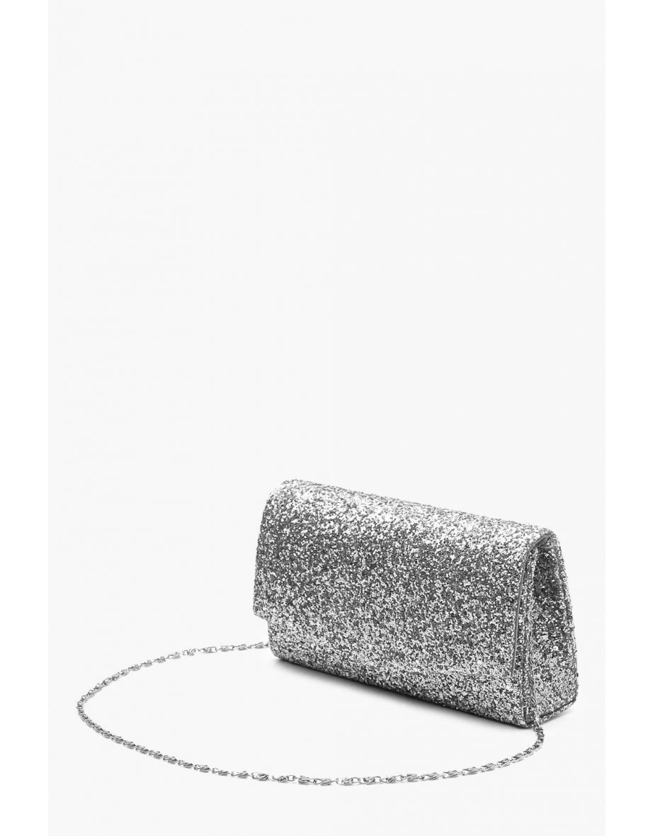 Structured Glitter Envelope Clutch With Chain - silver