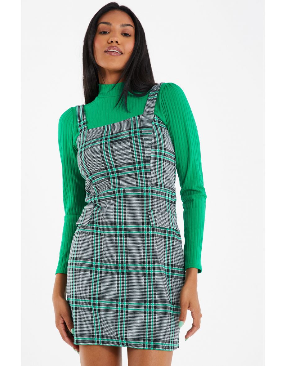 Green Check Pinafore Mini Dress