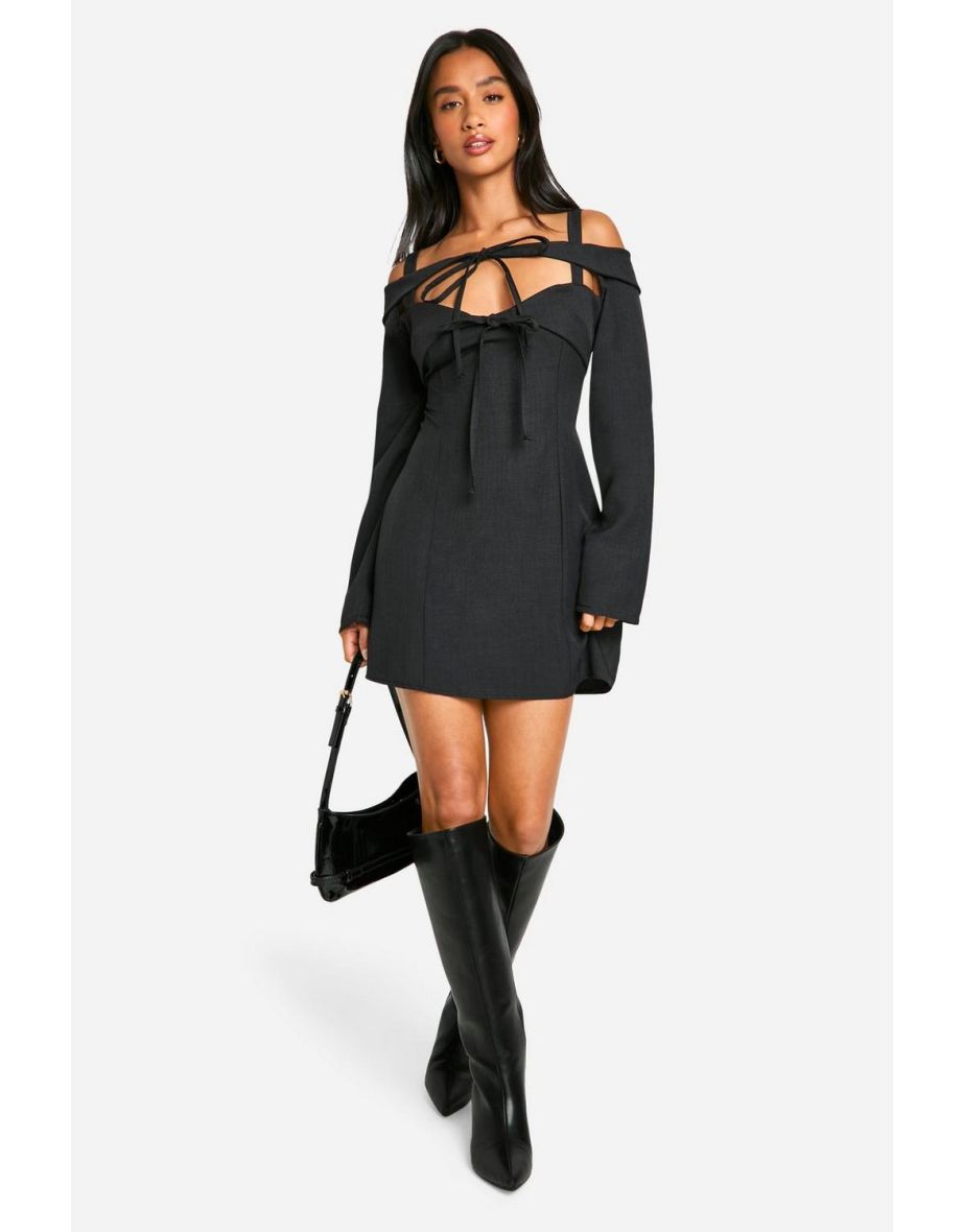 Petite Bardot Cut Out Tailored Mini Dress - black