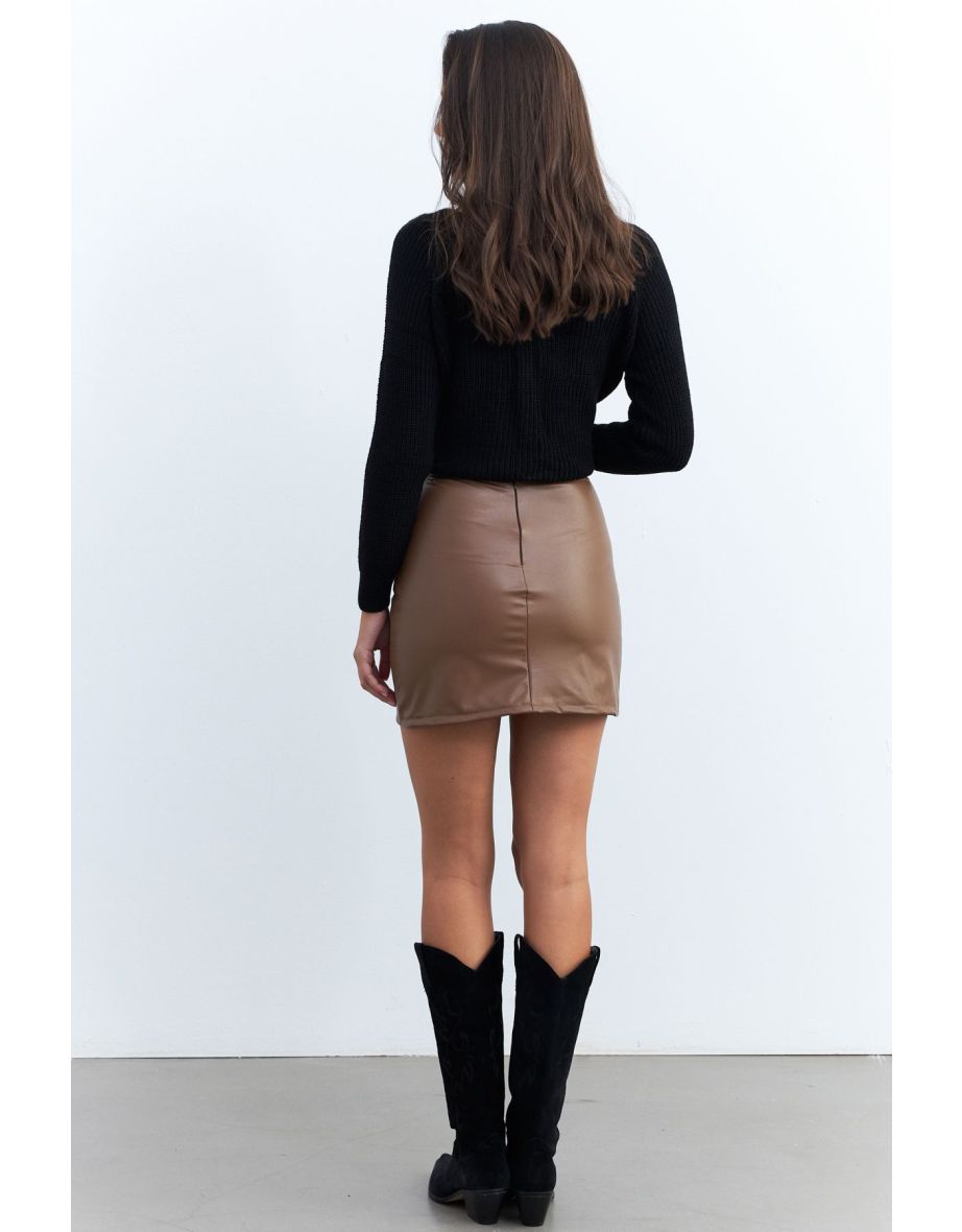 Women's Brown Faux Leather Mini Skirt - 8
