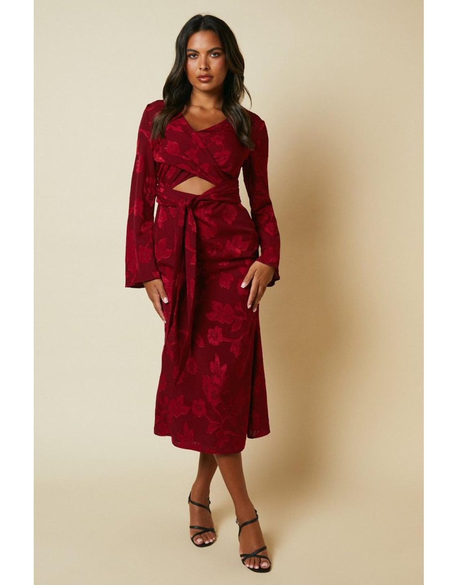 Debut London By Coast Long Sleeve Wrap Waist Satin Jacquard Midaxi Dress - red