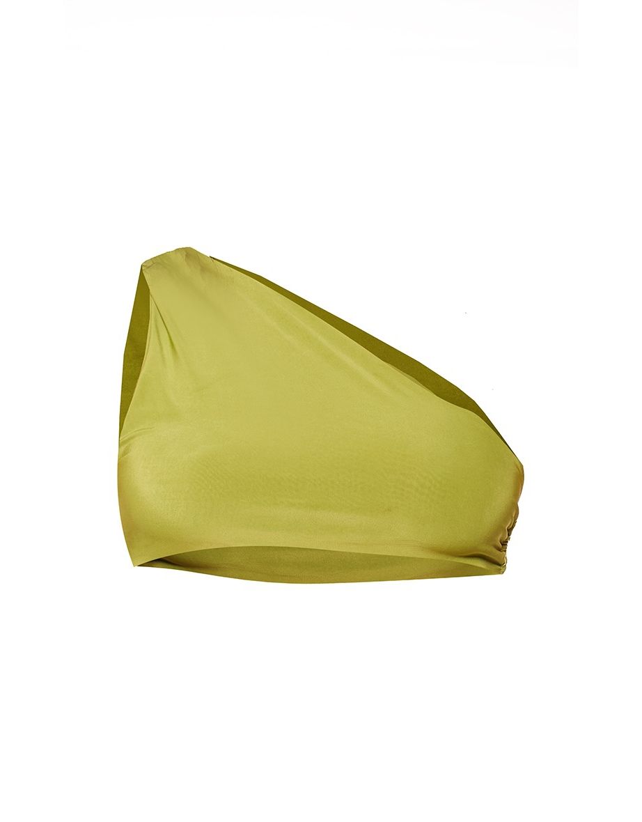 Olive Double Layer Slinky Ruched Asymmetrical Crop Top - 2
