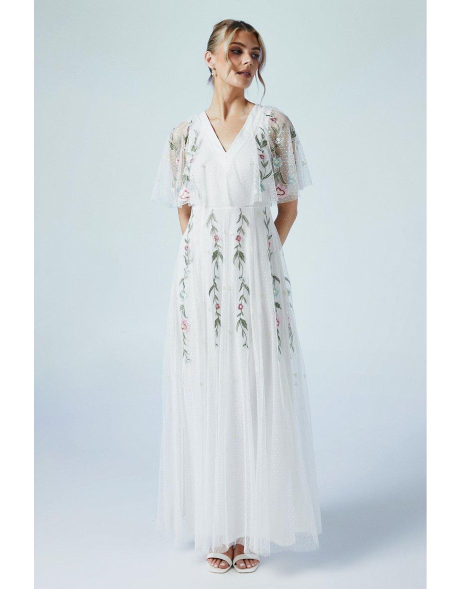 Ditsy Floral Angel Sleeve Embroidered Mesh Wedding Dress