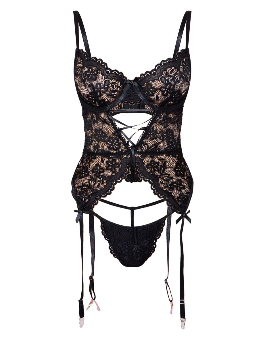 Black Lace Up Floral Lace Corset Lingerie Set - 3