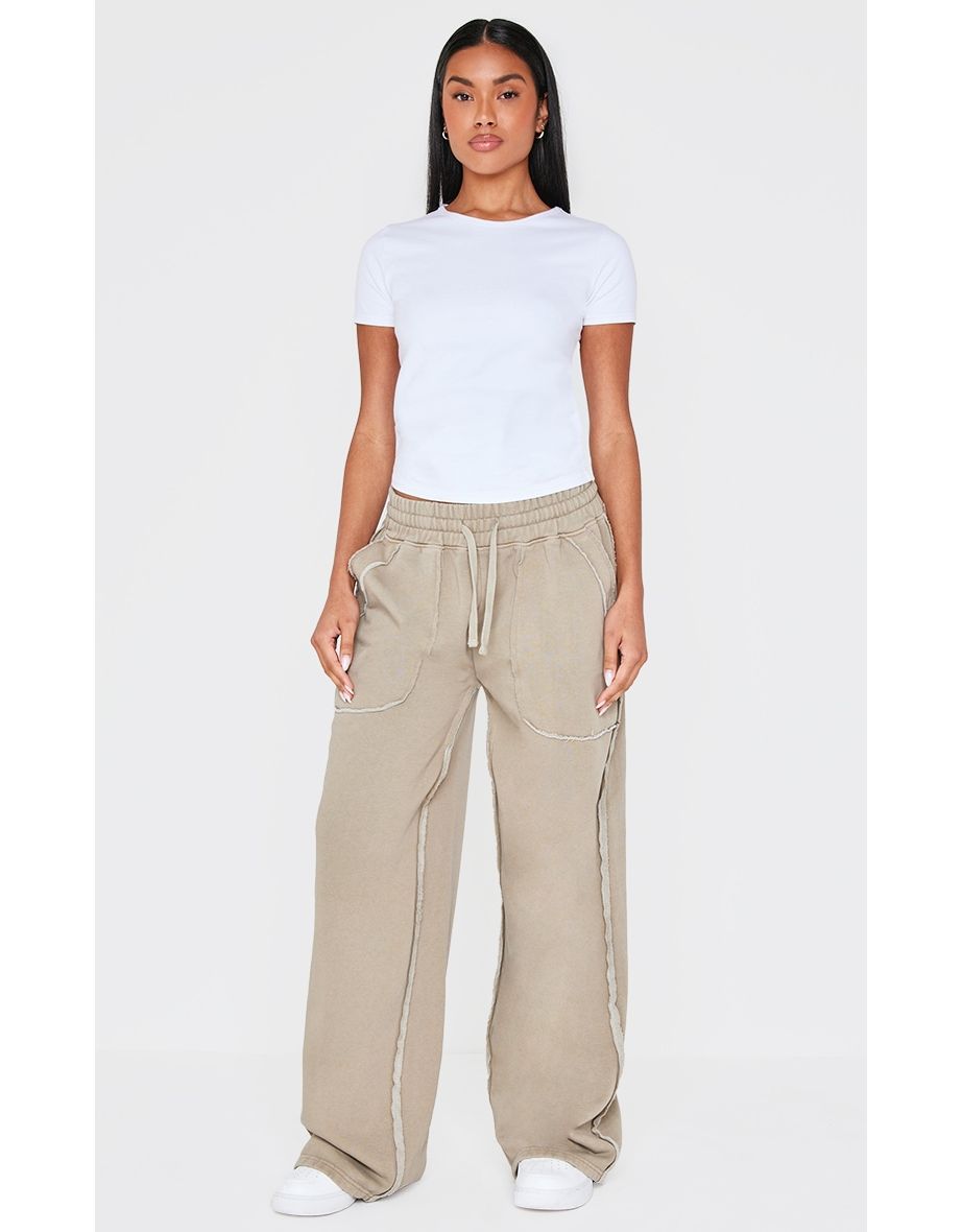 Stone Washed Raw Edge Drawcord Wide Leg Joggers