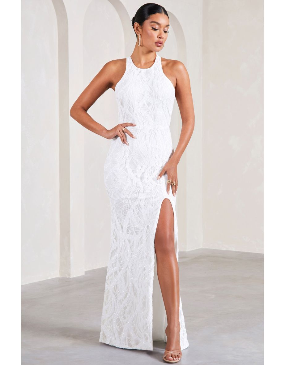 Reserved | White Sequin Lace Split Maxi Dress